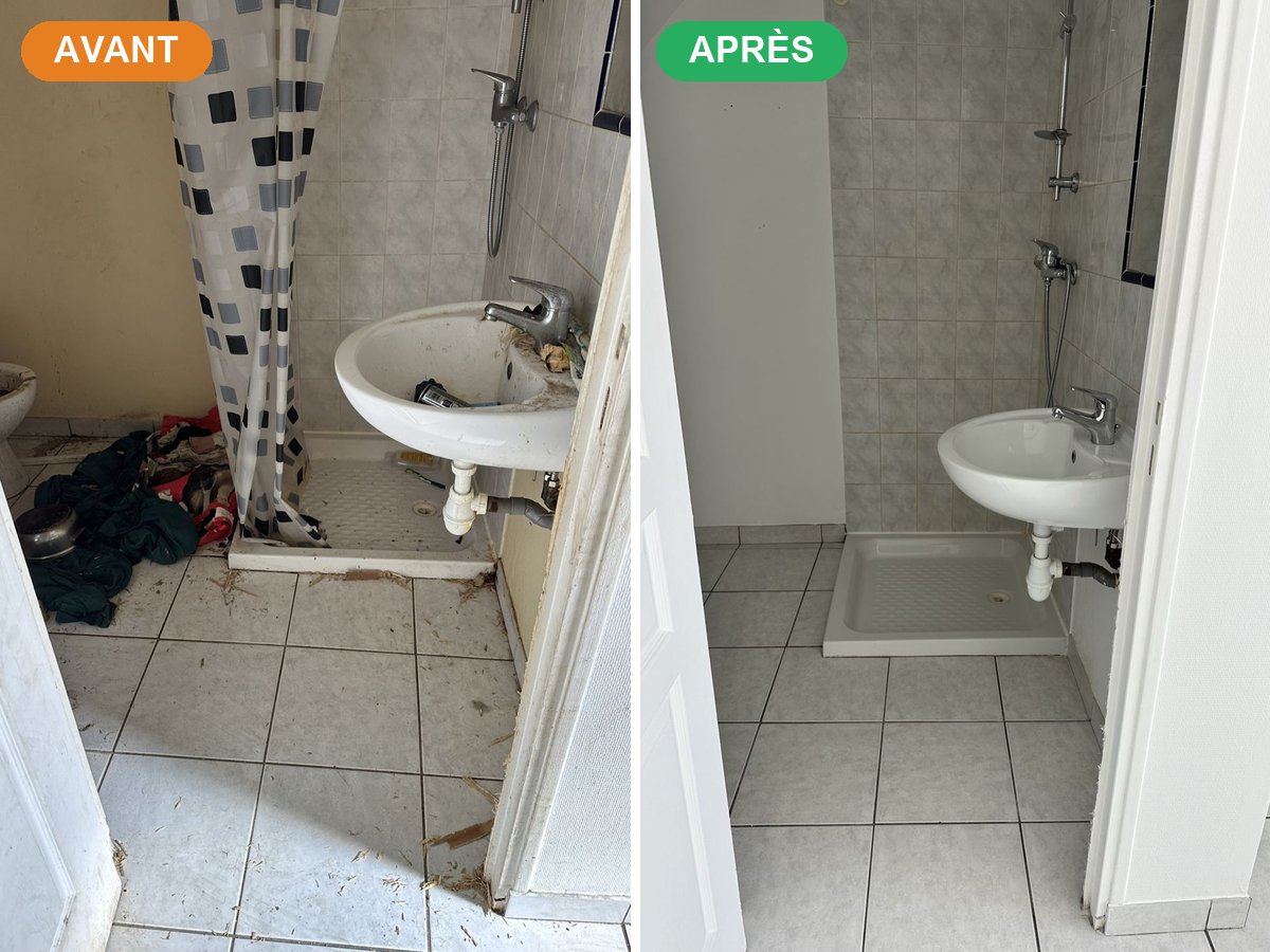 Salle d'eau avant et après remise en état sanitaire par AM-PureZone