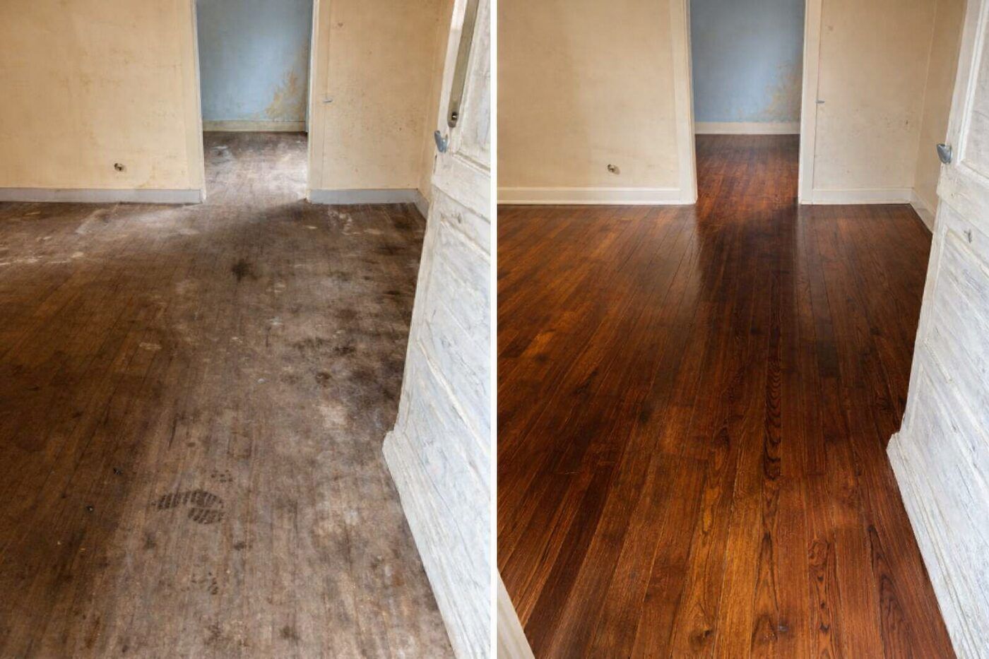 Seconde pièce après débarras et nettoyage complet : le parquet d'origine réapparaît