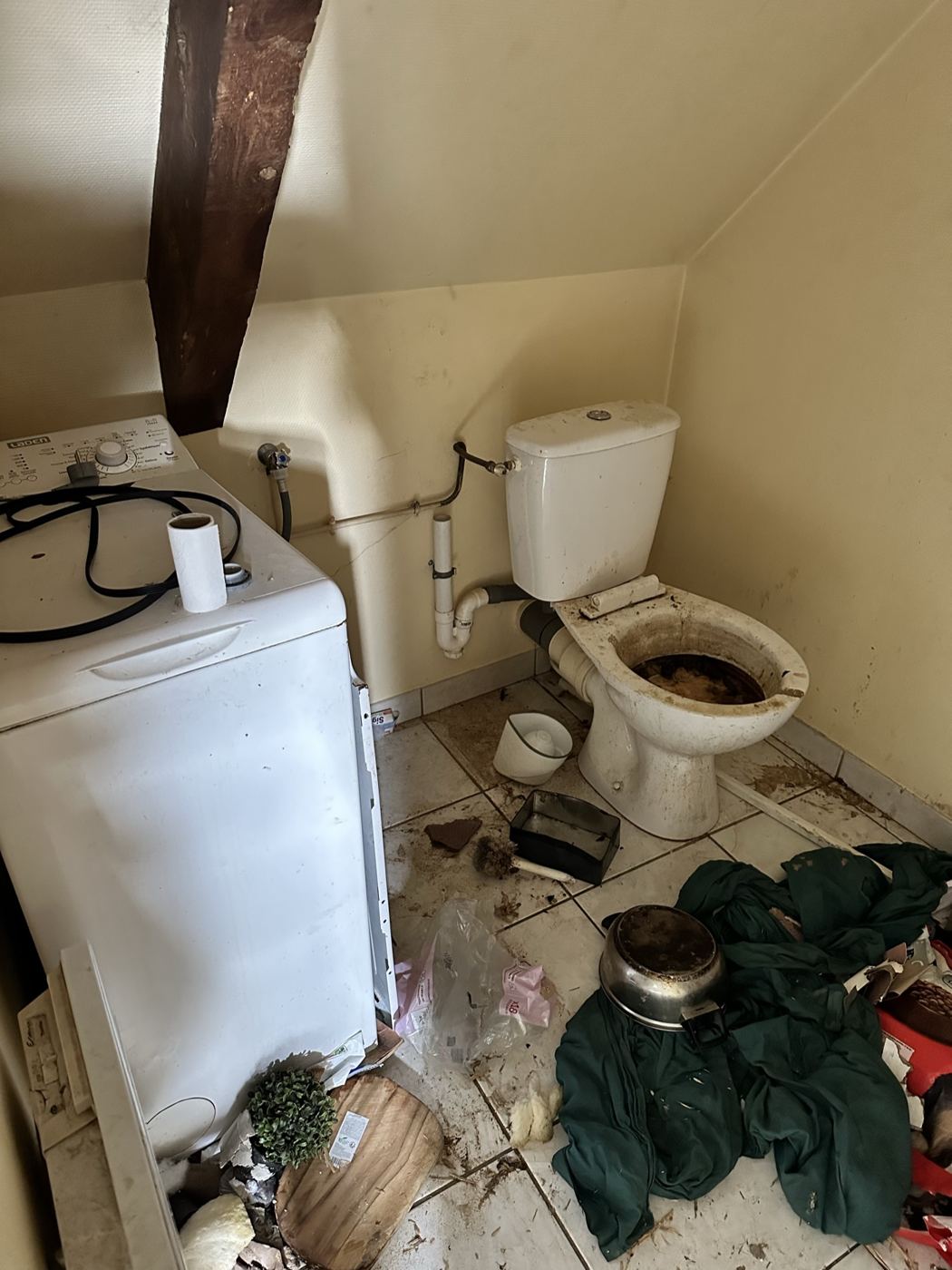WC hors d'usage et sol souillé dans un logement insalubre avant intervention