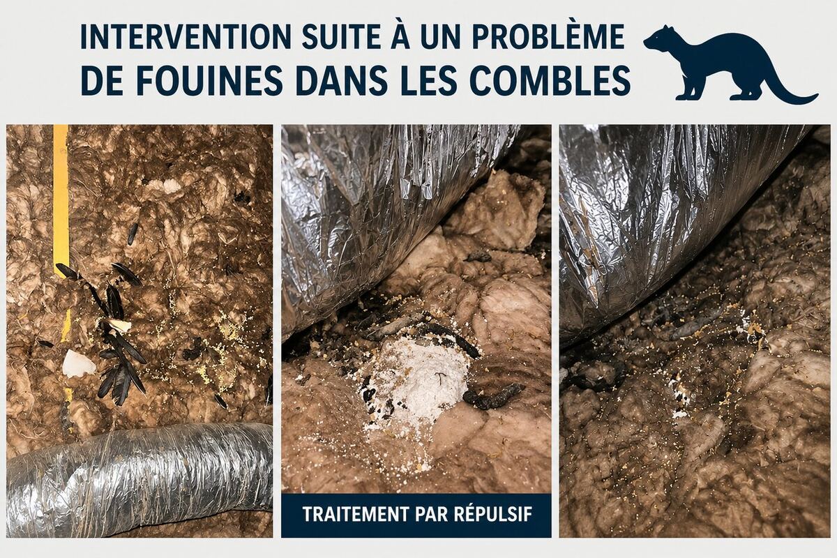 Combles occupés par une fouine : isolation déchirée, déjections et débris, avant traitement répulsif par AM-PureZone